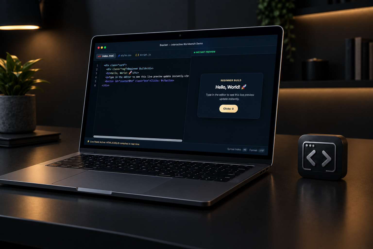 Bracket running on an angled laptop beside the Bracket app icon
