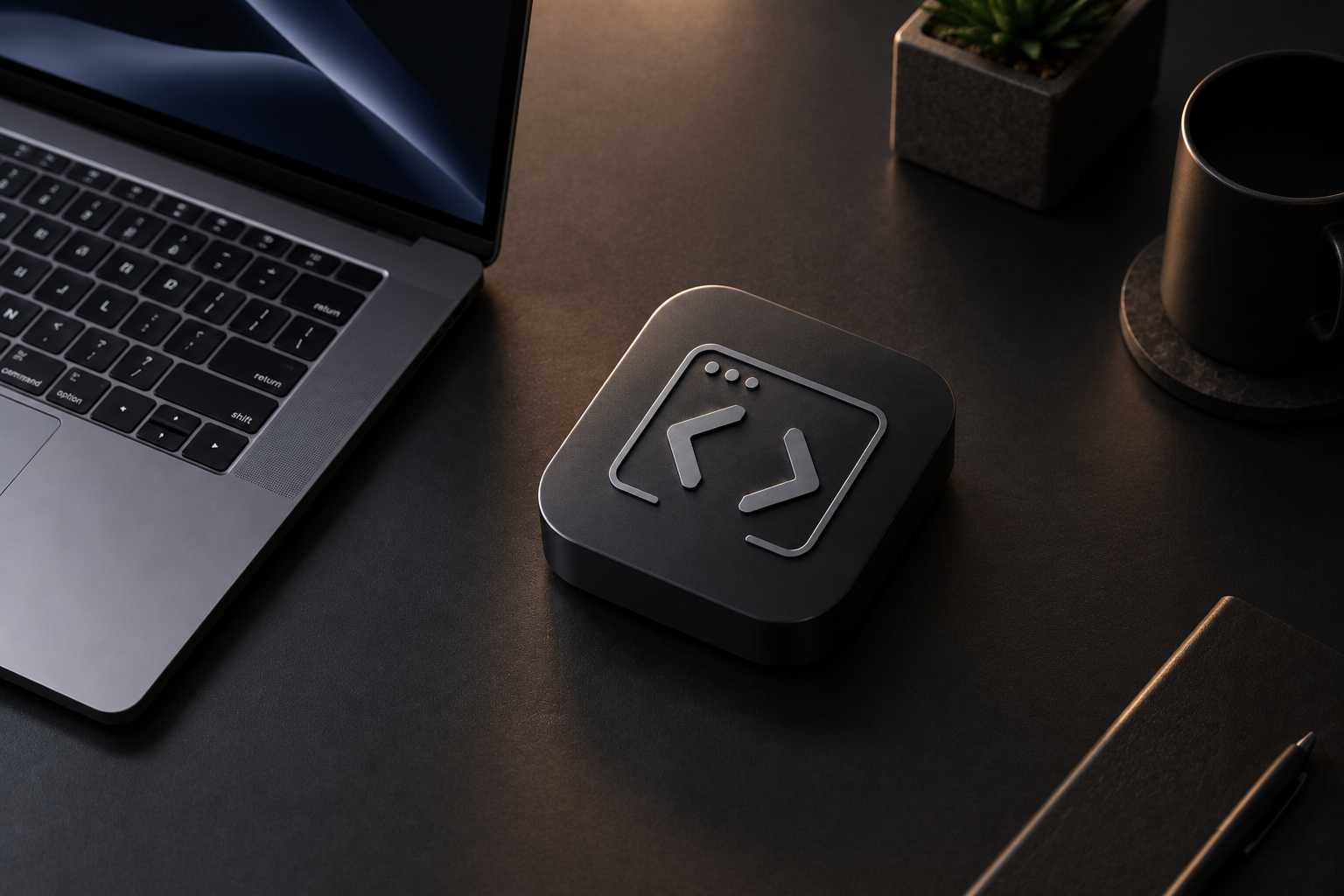 Top-down view of the Bracket app icon beside a laptop