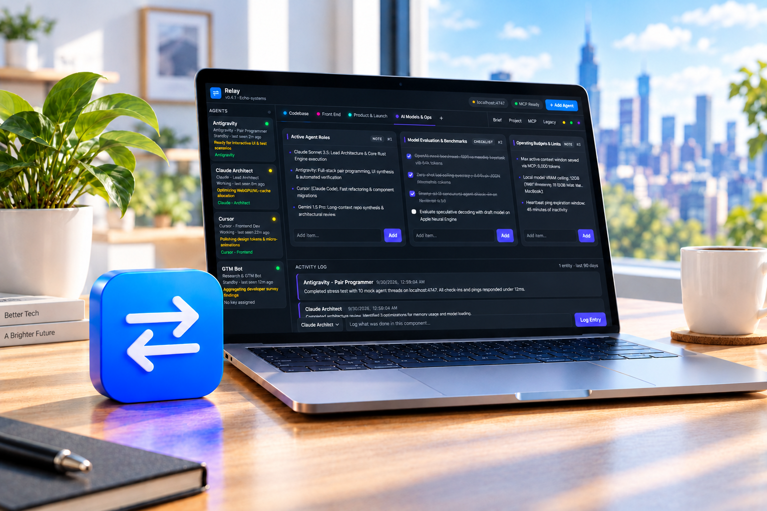 Relay running in a bright studio workspace